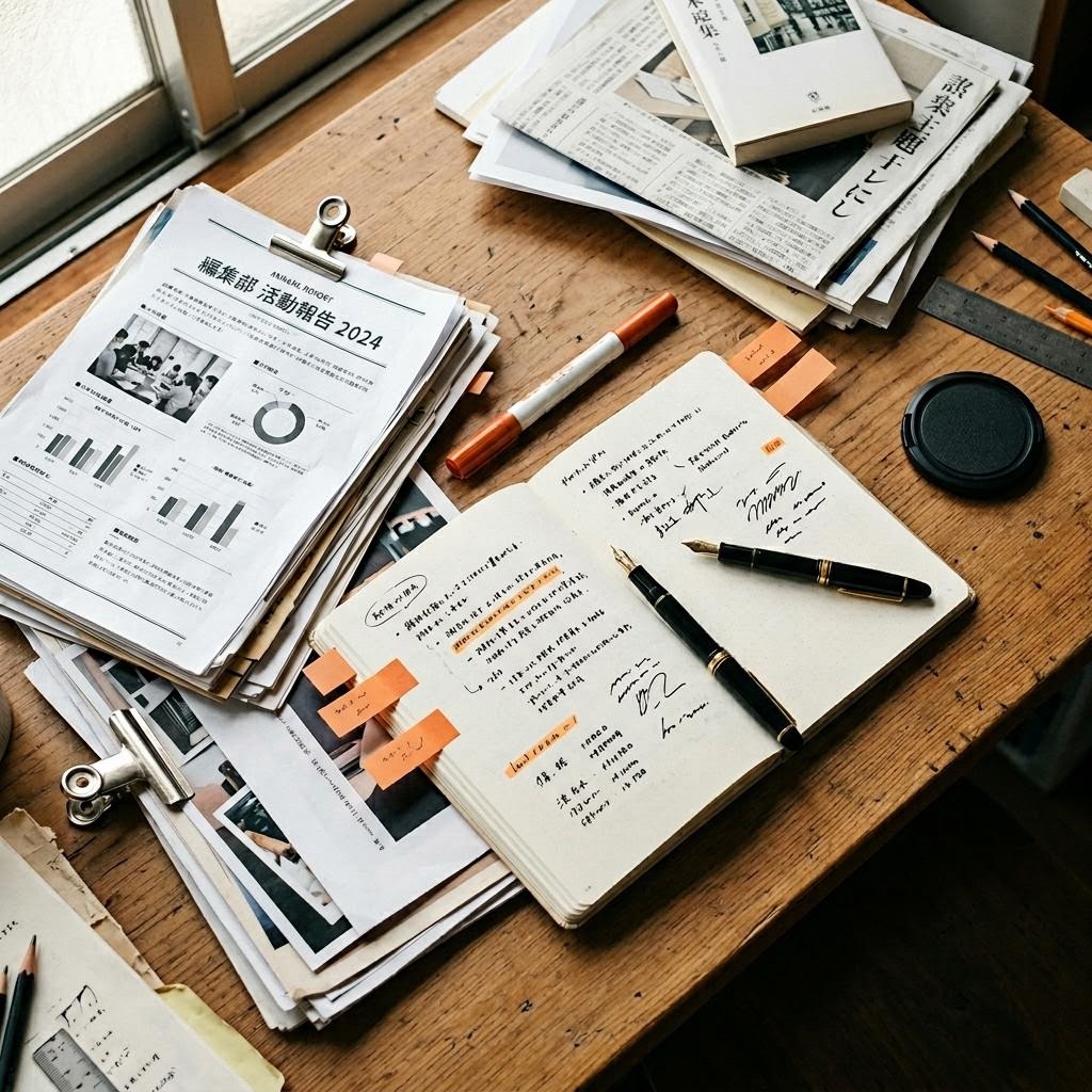 編集デスクの資料と手書きメモ